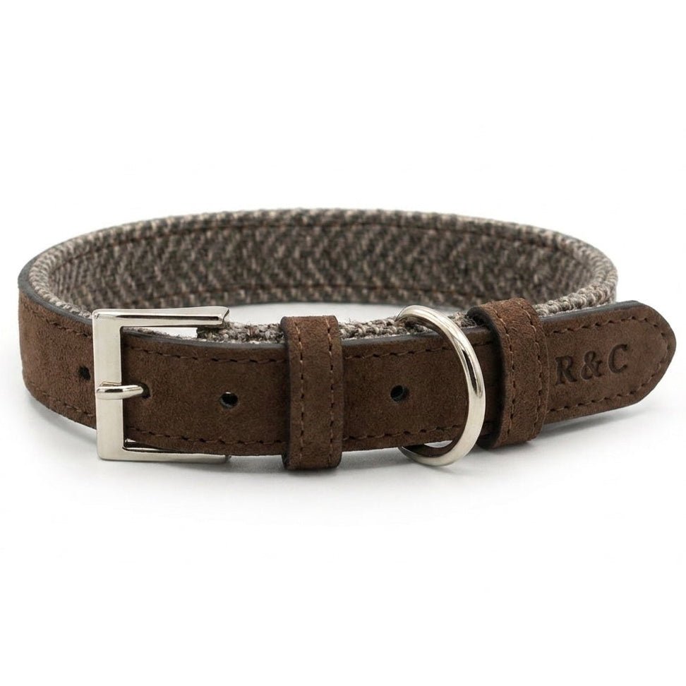 Ralph & Co The Lincoln Herringbone Tweed & Leather Dog Collar Brown