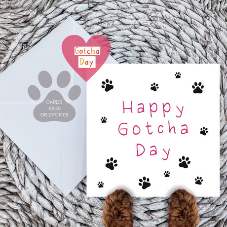 Paws Right There Happy gotcha day card in pink