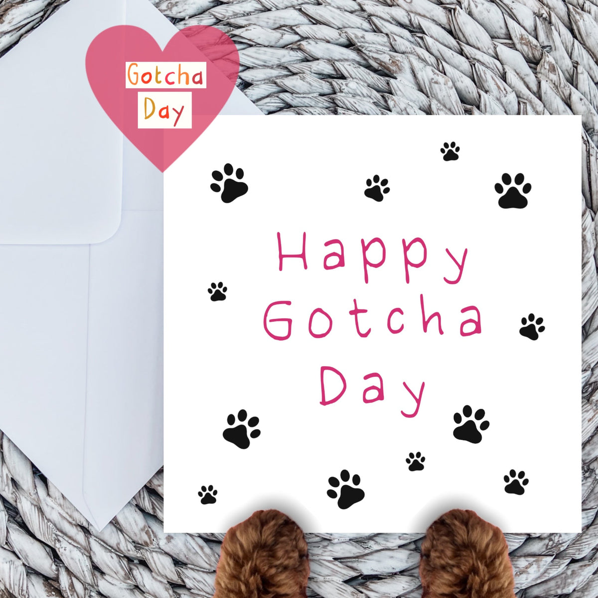 Paws Right There Happy gotcha day card in pink
