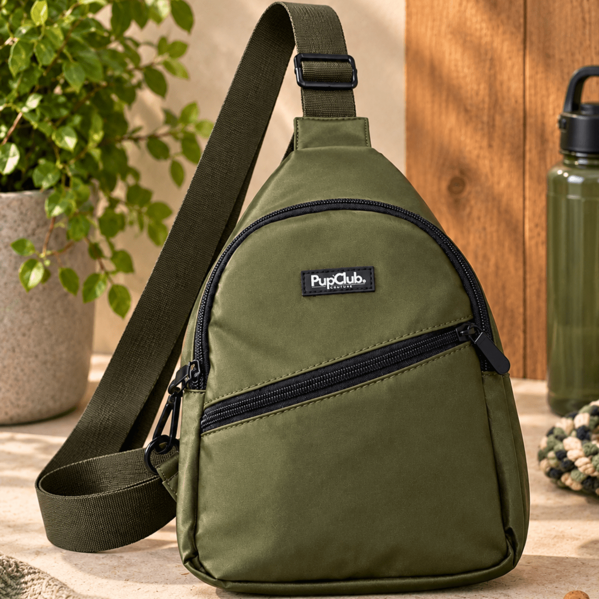 PupClub Couture Dog Walking Sling Backpack - Khaki Green